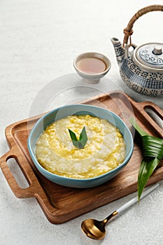 Bubur jagung manis, or sweet corn porridge, an indonesian dessert.