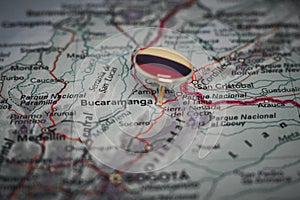 Bucaramanga pinned on a map with the flag of Colombia photo