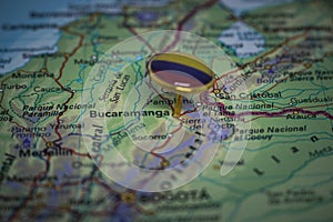 Bucaramanga pinned on a map with the flag of Colombia photo