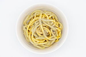 Bucatini Cacio e Pepe Pasta in a White Bowl