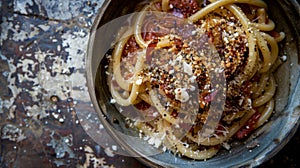 Bucatini pasta takes center stage, beautifully coated with a hearty tomato sauce and a dusting of breadcrumbs, offering