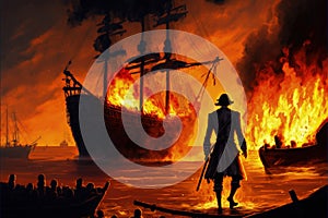 The buccaneer with flaming torch standing on vessel with loot observing sinking vessel