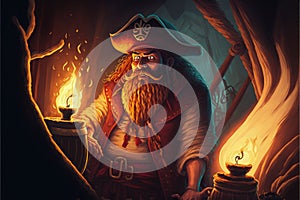 The buccaneer with flaming torch standing on vessel with loot observing sinking vessel