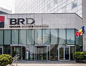 BucharBRD Groupe Societe Generale GSG logo at the entrance of the company`s headquarters in Bucharest
