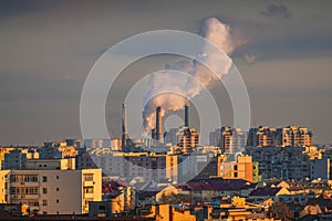 Bucharest, Aerial view of its central heating system over the city. T