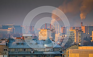 Bucharest, Aerial view of its central heating system over the city. T