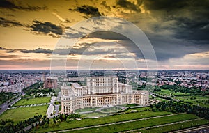 Bucharest city skyline panorama at sunset. HDR image.