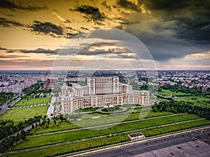 Bucharest city skyline at sunset. HDR image.