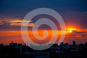 Bucharest city skyline view seen from Piata Muncii at sunset. Bucharest city silhouette at sunrise, sunset, Romania