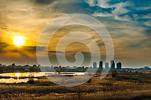 Bucharest landscape sunset view of aquatic ecosystem on old Vacaresti Lake