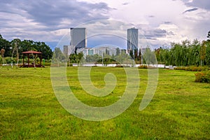 Bucharest office buildings in Pipera , view from Bordei park