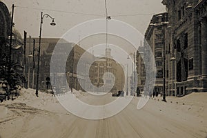 Bucharest Old Town - Victoriei Street snowing