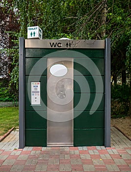 Bucharest/Romania - 07.18.2020: Public portable bio-toilets in a public park in Bucharest