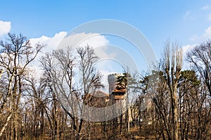 Bucharest, Romania - 2019. Vlad Tepes castle from Bucharest Carol Park