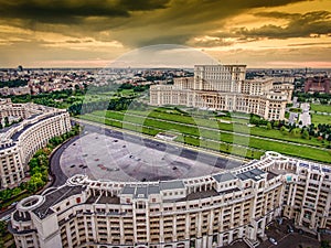 Bucharest Romania city center skyline at sunset