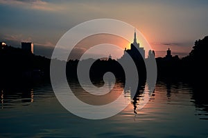 Bucharest Romania evening sunset Herastrau park dusk sundown silhouette Casa Presei