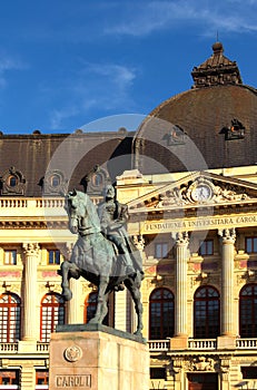 Picturesque landscape view of the equestrian Monument to the King Carol I in front of the Central University Library