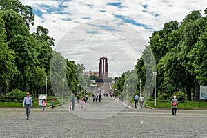 BUCHAREST, ROMANIA - MAY 14, 2017: Carol Park in Bucharest, Romania. Mausoleum in Background.