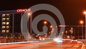 Bucharest by night. Headquarters office building of Oracle company