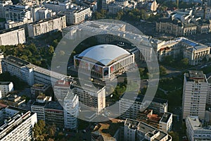 Bucharest, Romania, October 9, 2016: Aerial view of Sala Palatului which is a conference centre and concert hall