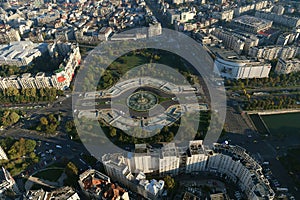 Bucharest, Romania, October 9, 2016: Aerial view of Unirii Square fountains