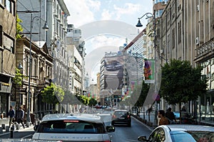 Modern and old buildings on Calea Victoriei street in Bucharest city in Romania