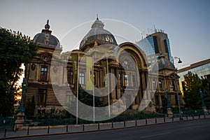 Bucharest, Romania : Panoramic view of the The CEC Palace, The Palace of the Savings Bank in the historical center Lipscani Street