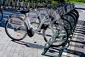 Bucharest, Romania, 22 September 2019: Public bike sharing bicycles from Bucharest District 6 City Hall in a docking station,