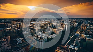 Bucharest top view from above during with an amazing city landscape during summer sunnset photo