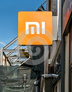 Bucharest/Romania - 05.30.2020: Xiaomi logo in front of their showroom in Bucharest old town