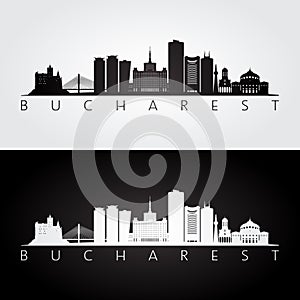 Bucharest skyline and landmarks silhouette