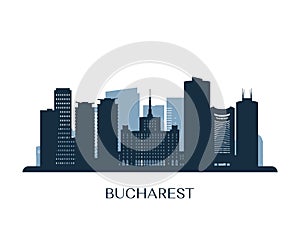 Bucharest skyline, monochrome silhouette.