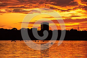 Bucharest sunset on Herastrau lake with kayak , people having relaxing and fun time