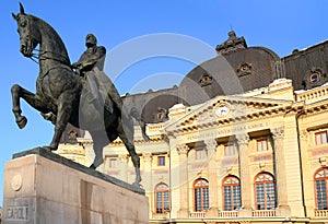 Bucharest view -Carol I statue and Central Library