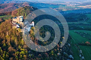 Buchlov Castle. Aerial view on monumental castle, Czechia.