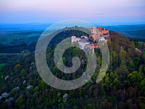 Buchlov Castle. Aerial view on monumental castle in Romanesque Gothic style, Czech republic.