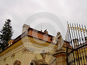 Buchlovice chateau, view of the chateau roof, the chimney on which the peacock sits