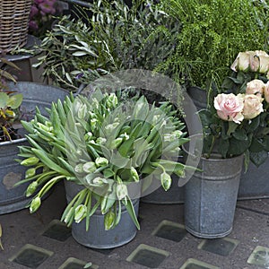 The bucket with a bouquet of white tulips and a vase with red roses as a decoration for the entrance of the house