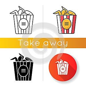 Bucket of chicken wings icons set. Linear, black and RGB color styles. Fast food menu dish. Crispy fried meat in