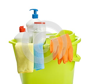 Bucket with cleaners supplies