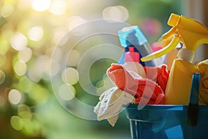 A bucket of cleaning products on a blurred green background: cleaning wipes, rags and bottles. The concept of cleanliness and