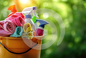 A bucket of cleaning products on a blurred green background: cleaning wipes, rags and bottles. The concept of cleanliness and