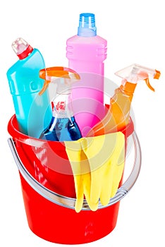 Bucket and cleaning products for home cleaning