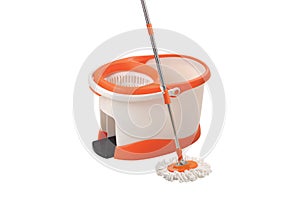 Bucket, cleaning products and mop on floor in white background