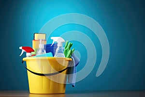 Bucket with cleaning products on the table on a blue background