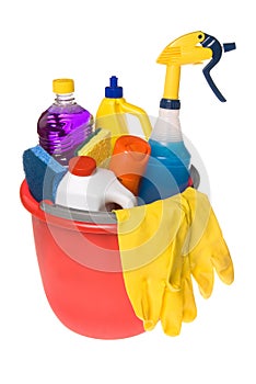 Bucket of cleaning supplies photo