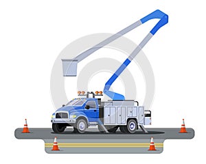 Bucket crane truck vehicle on road