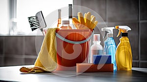 Bucket with different cleaning supplies on floor indoors