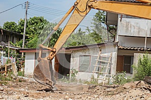 Bucket Excavator. excavator destruction in Work outdoor construction