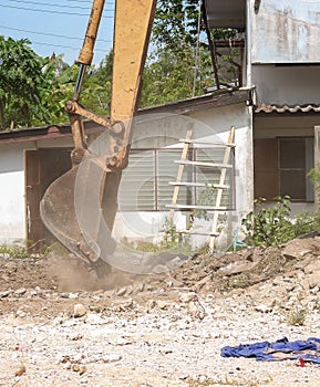 Bucket Excavator. excavator destruction in Work outdoor construction
